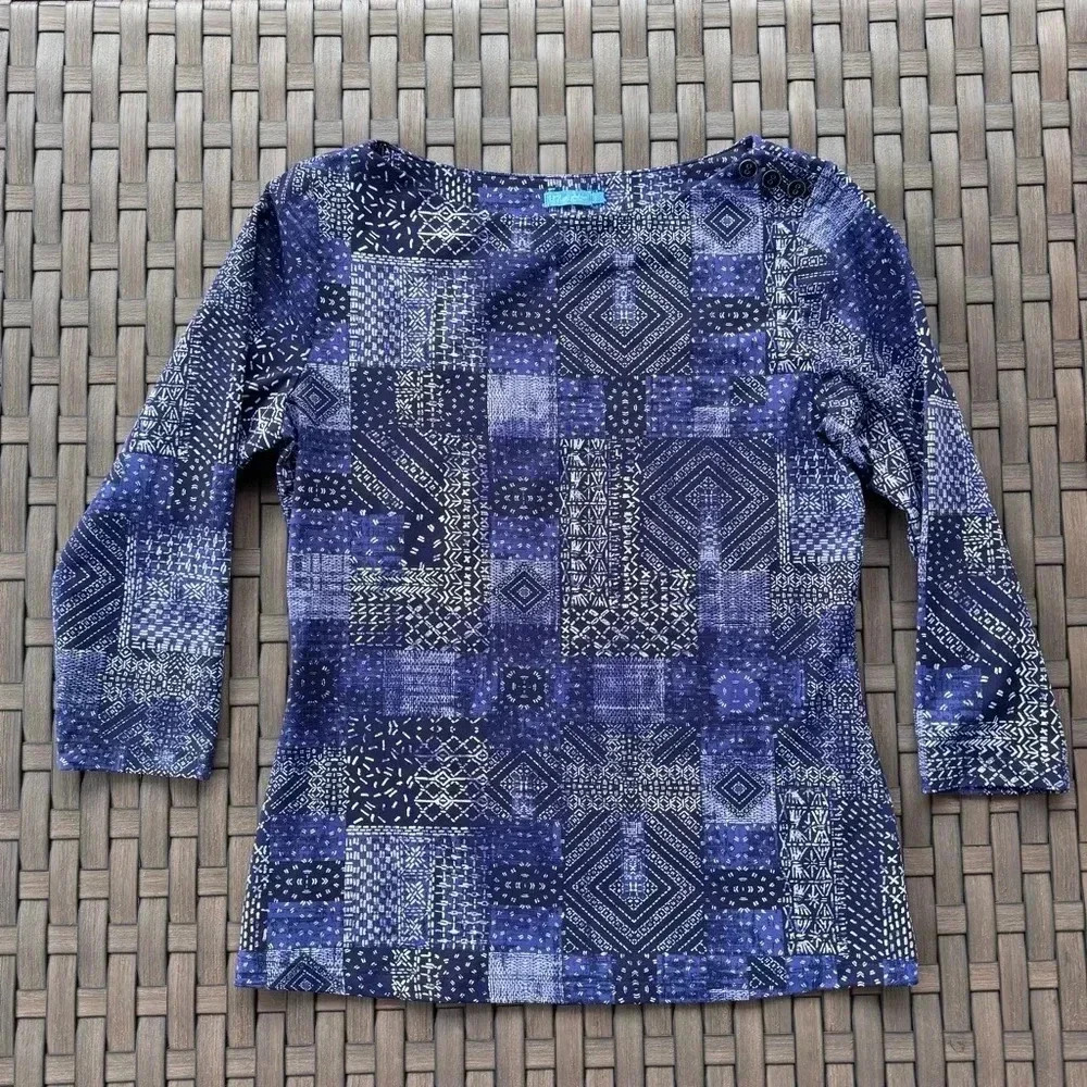 J.McLaughlin Women’s Geometric Navy Blue Boat Neck 3/4 Sleeve Shirt‎ Size Small